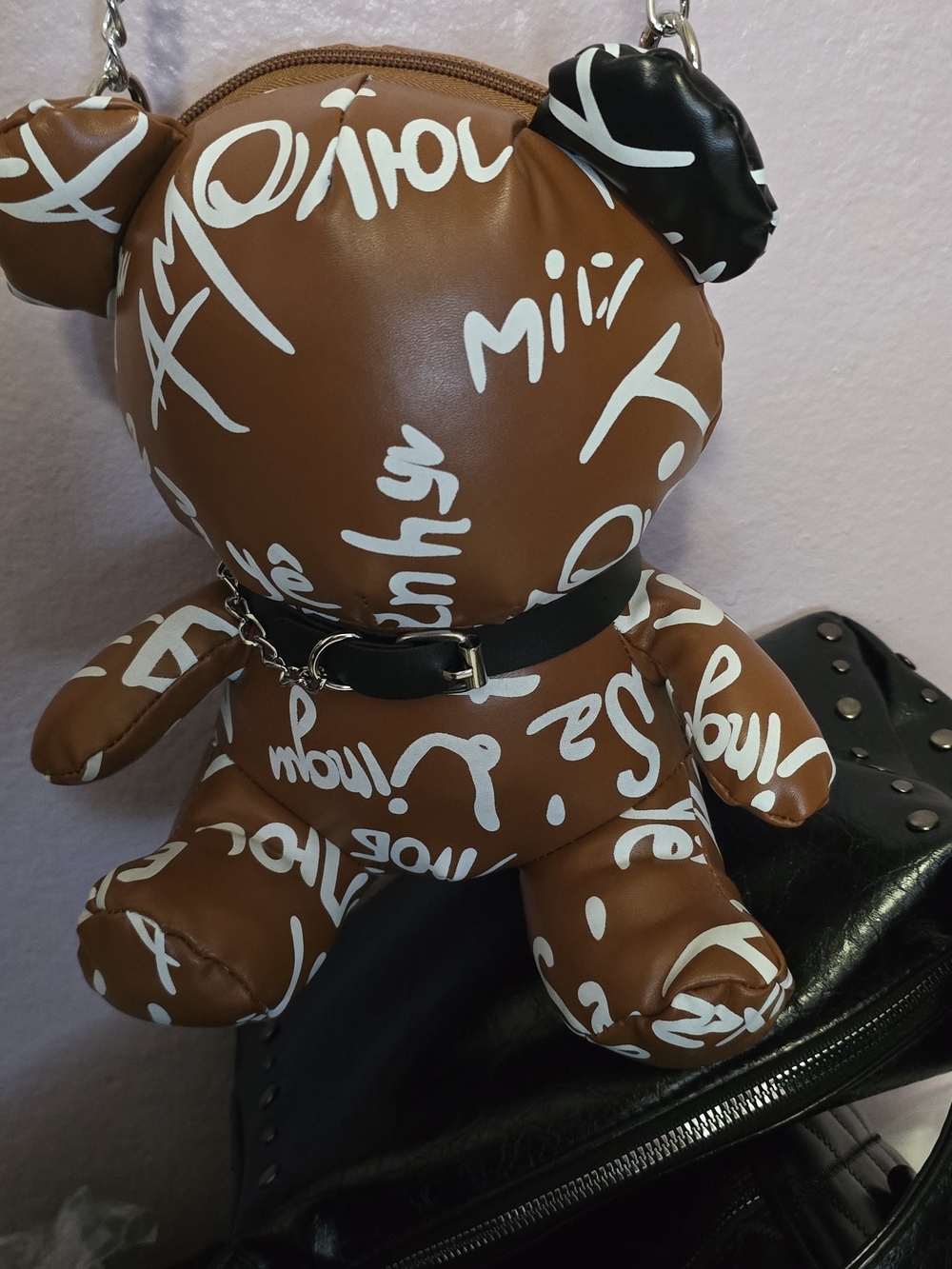 Graffiti Script Bear Crossbody Bag in Brown & Black